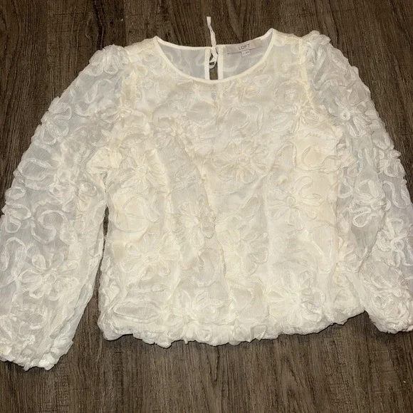 Loft Ivory Floral Appliqué Blouse Tie Back S - Picture 2 of 7